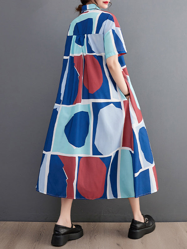 xakxx Loose Short Sleeves Cartoon Printed Multi-Colored Lapel Midi Dresses Shirt Dress