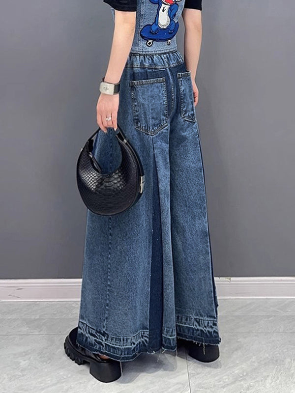 xakxx Loose Wide Leg Contrast Color Drawstring Fringed Pockets Jean Pants Bottoms