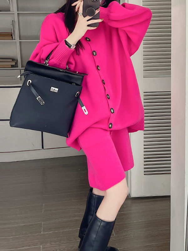 xakxx Long Sleeves Loose Buttoned Round-Neck Sweater Top + Drawstring Shorts Bottom Two Pieces Set