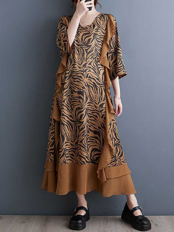 xakxx A-Line Batwing Sleeves Ruffled Split-Joint Zebra-Stripe V-Neck Midi Dresses