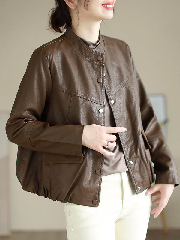 xakxx Long Sleeves Loose Buttoned Pleated Pockets Split-Joint Stand Collar Jackets Outerwear