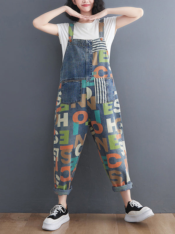xakxx High Waisted Loose Asymmetric Buttoned Letter Print Pockets Split-Joint Striped Overalls