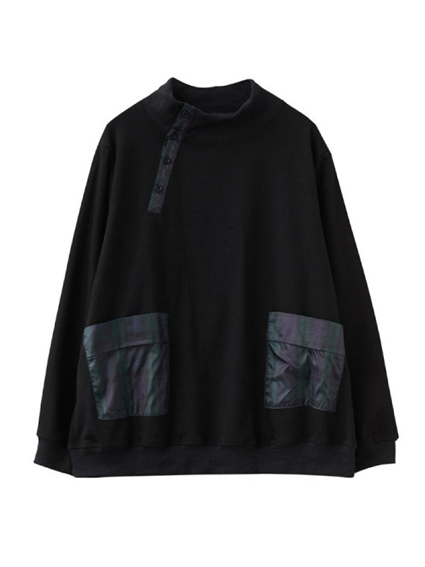 xakxx Simple Long Sleeves Loose Split-Joint Solid Color High-Neck Sweatshirt Tops