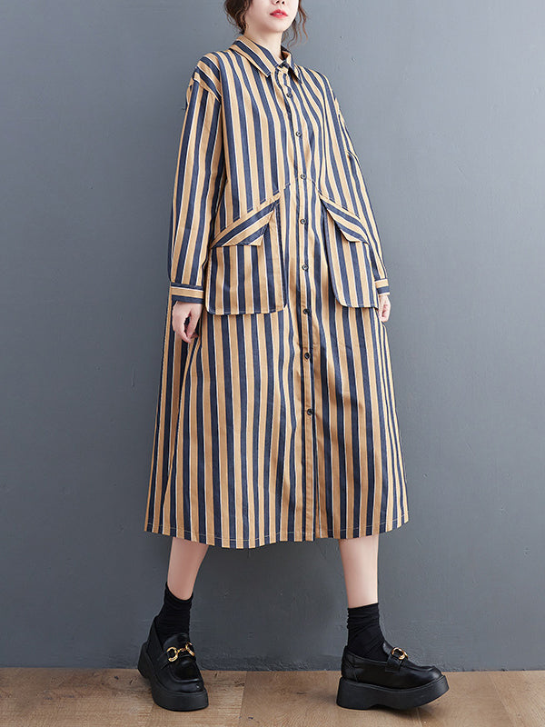 xakxx Original Loose Long Sleeves Buttoned Striped Lapel Collar Midi Shirt Dresses