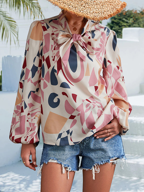 xakxx Bishop Sleeve Long Sleeves Elasticity Printed Tied V-Neck Blouses&Shirts Tops