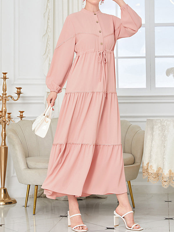 xakxx A-Line Bishop Sleeve Buttoned Drawstring Pleated Split-Joint Mock Neck Maxi Dresses
