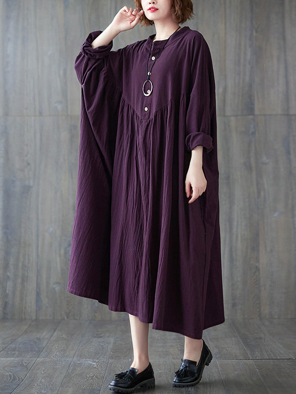 xakxx Loose Puff Sleeves Pleated Solid Color Stand Collar Midi Dresses