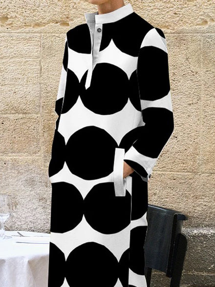 xakxx Long Sleeves Loose Polka-Dot Split-Side Stand Collar Midi Dresses