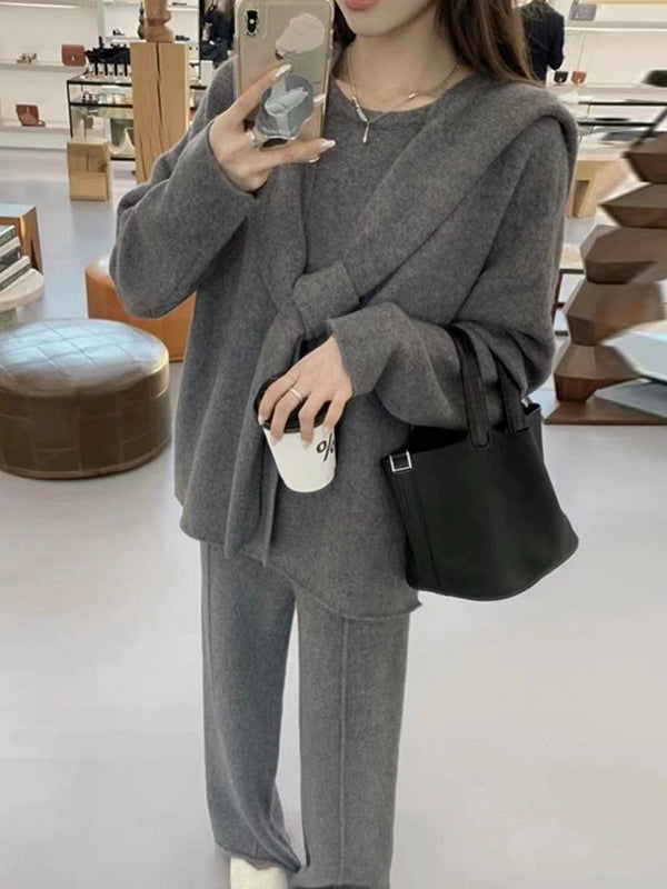 xakxx xakxx-Solid Color Long Sleeves Loose Round-Neck Three Pieces Set