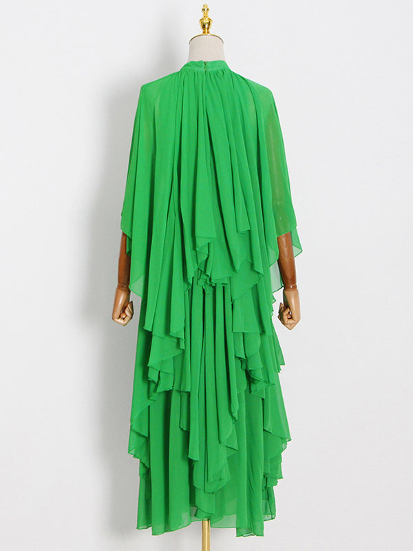 xakxx Loose Raglan Sleeve Solid Color Tiered Stand Collar Maxi Dresses
