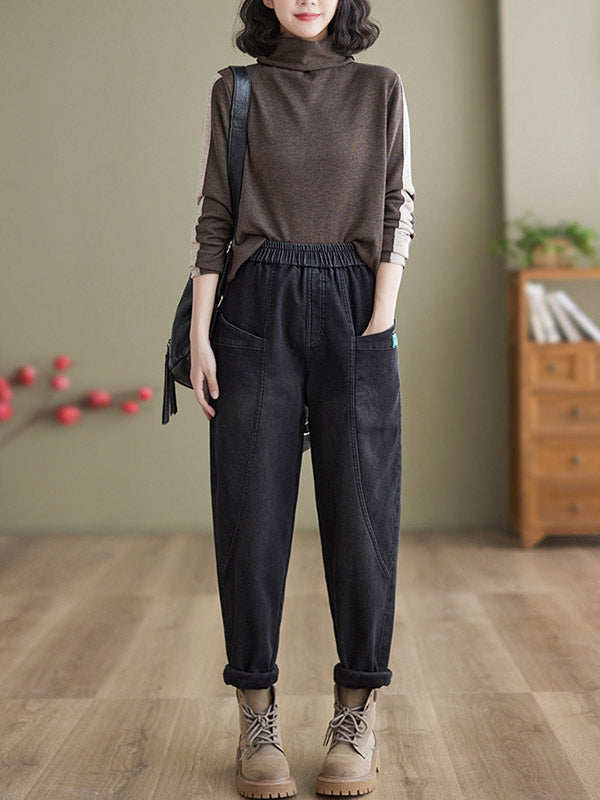 xakxx Casual Loose Velvet Solid Color With Pockets Harem Jean Pants Bottoms