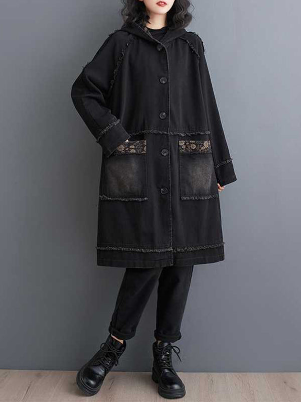 xakxx Loose Raglan Sleeve Floral Printed Fringed Split-Joint Hooded Outerwear Trench Coats