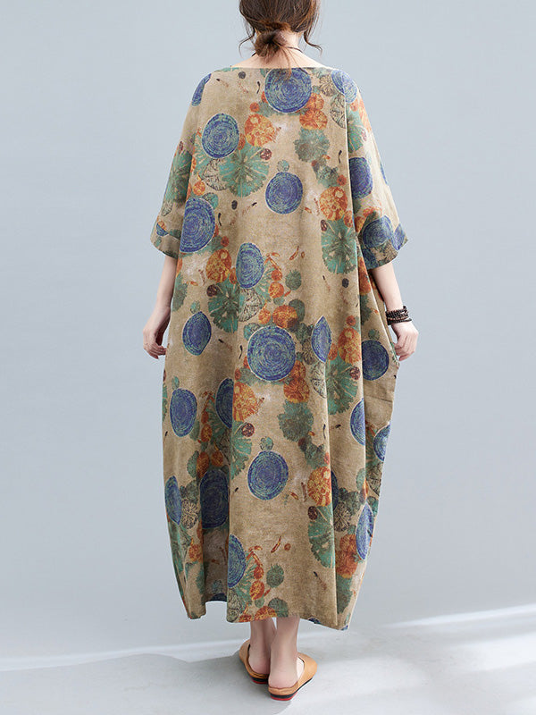 xakxx Casual Half Sleeves Loose Floral Printed Contrast Color Polka-Dot Round-Neck Midi Dresses