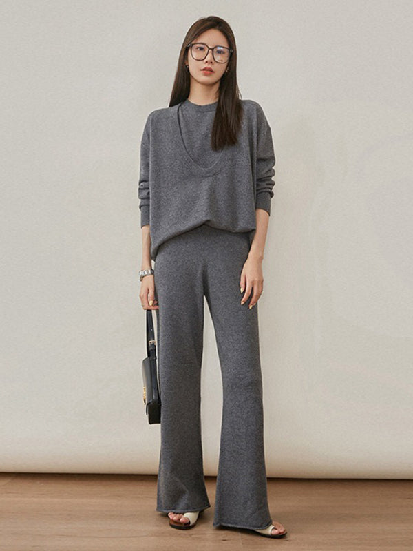 xakxx xakxx-Urban Loose Solid Round-Neck Vest Top& V-Neck Sweater Tops& Wide Leg Pants Three-Piece Set
