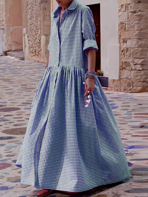xakxx Long Sleeves Loose Buttoned Plaid Pleated Split-Joint Lapel Maxi Dresses