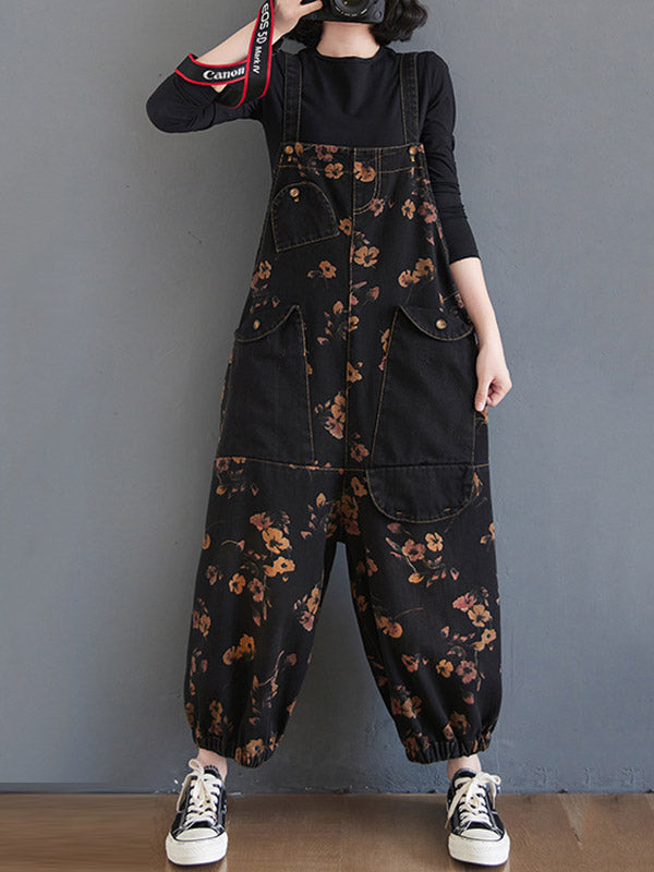 xakxx Original Floral With Pocket Harem Denim Overalls
