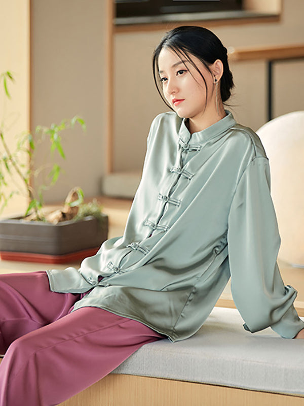 xakxx Vintage Long Sleeves Loose Buttoned Solid Color Stand Collar Blouse Top