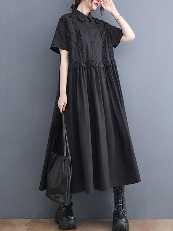 xakxx Simple Short Sleeves Loose Buttoned Falbala Split-Joint Solid Color Midi Shirt Dress