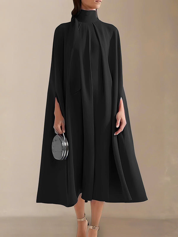 xakxx Simple Batwing Sleeves Lace-Up Solid Color High-Neck Midi Dresses