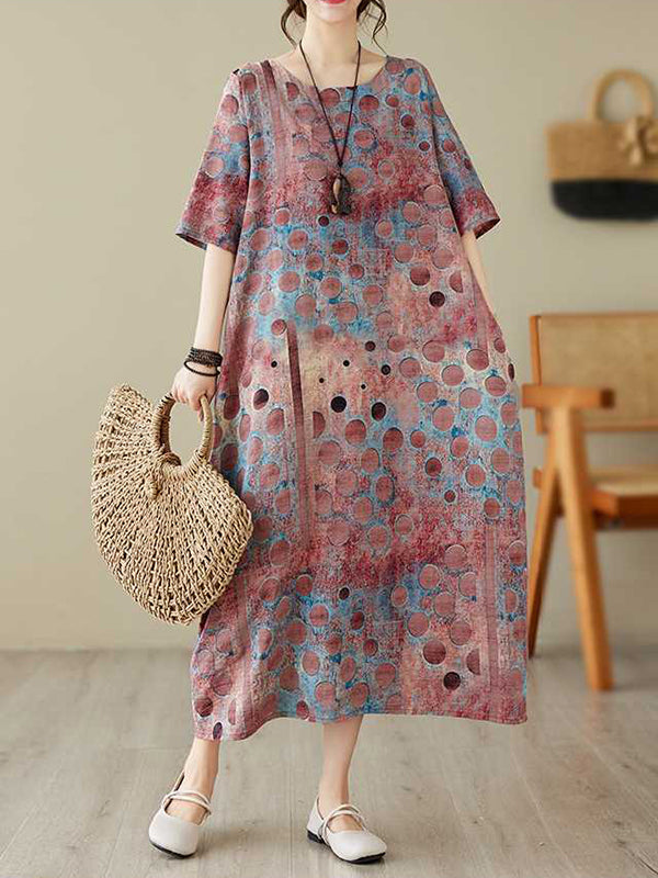 xakxx Half Sleeves Loose Contrast Color Polka-Dot Printed Round-Neck Midi Dresses