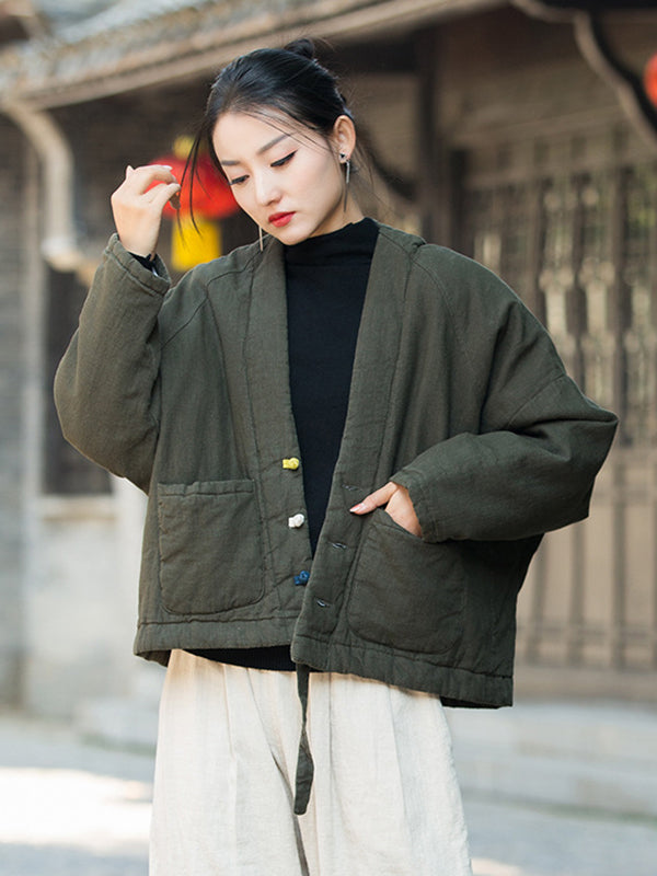 xakxx Vintage Loose Long Sleeves Keep Warm V-Neck Padded Coat