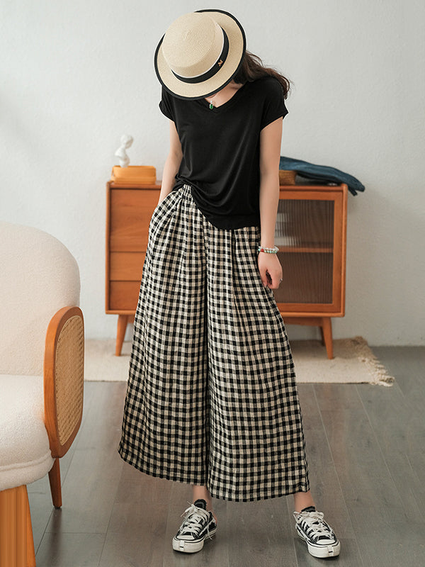 xakxx Artistic Retro Linen Loose Wide Legs Plaid Drawstring Pants