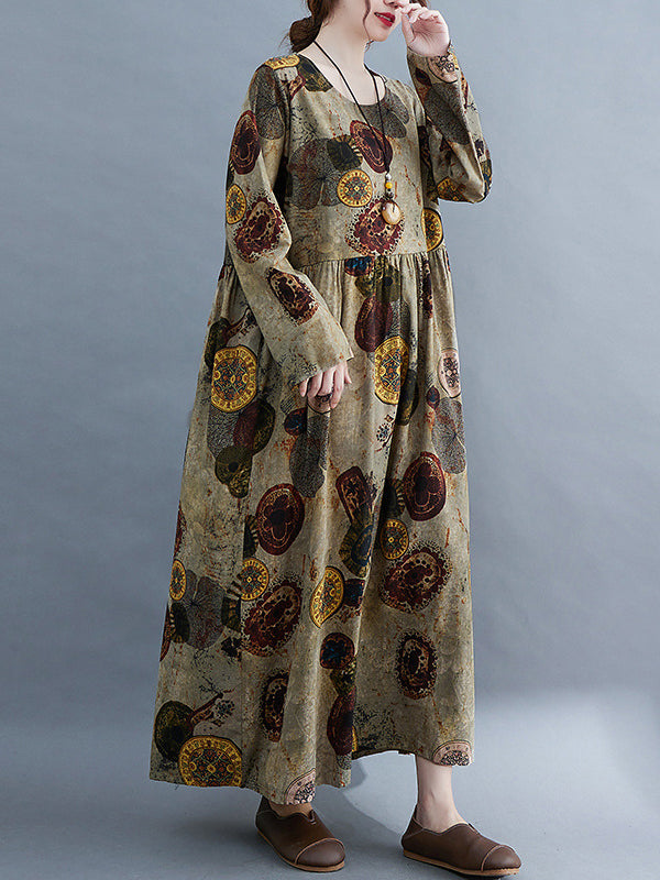 xakxx Artistic Retro Loose Long Sleeves Printed Round-Neck Maxi Dresses