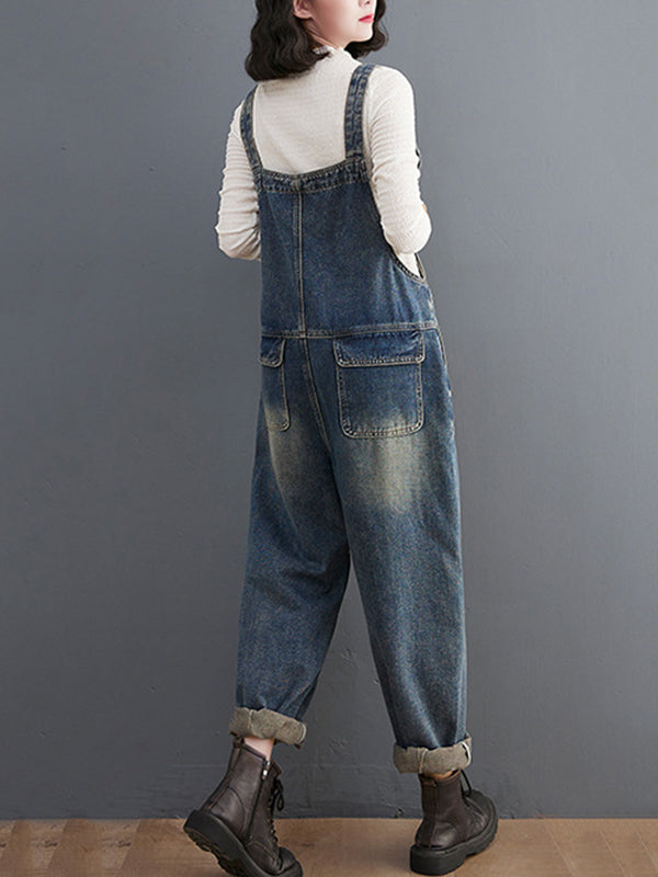 xakxx Artistic Retro Loose Solid Color Denim Overalls