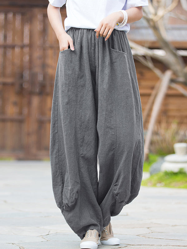 xakxx 7 Colors Casual Wide Leg High Waisted Solid Color Linen Pants
