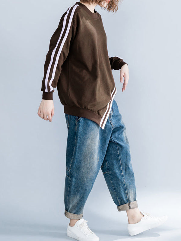 xakxx Cropped Long Sleeves Striped Round-Neck Hoodies&Sweatshirt
