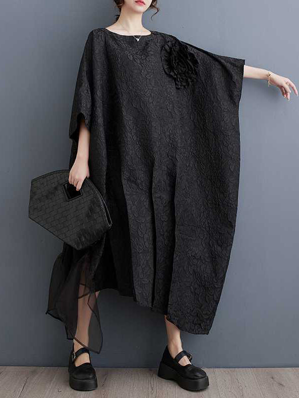 xakxx Batwing Sleeves Loose Asymmetric Flower Shape Gauze Jacquard Pleated Solid Color Split-Joint Round-Neck Midi Dresses