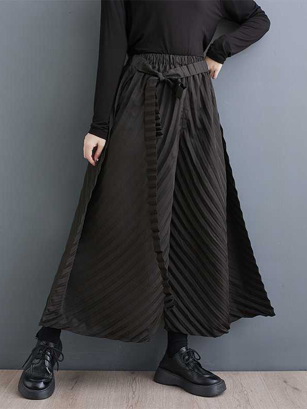 xakxx Long Sleeves Loose Buttoned Pleated Solid Color Stand Collar Shirts Top + Pants Bottom Two Pieces Set