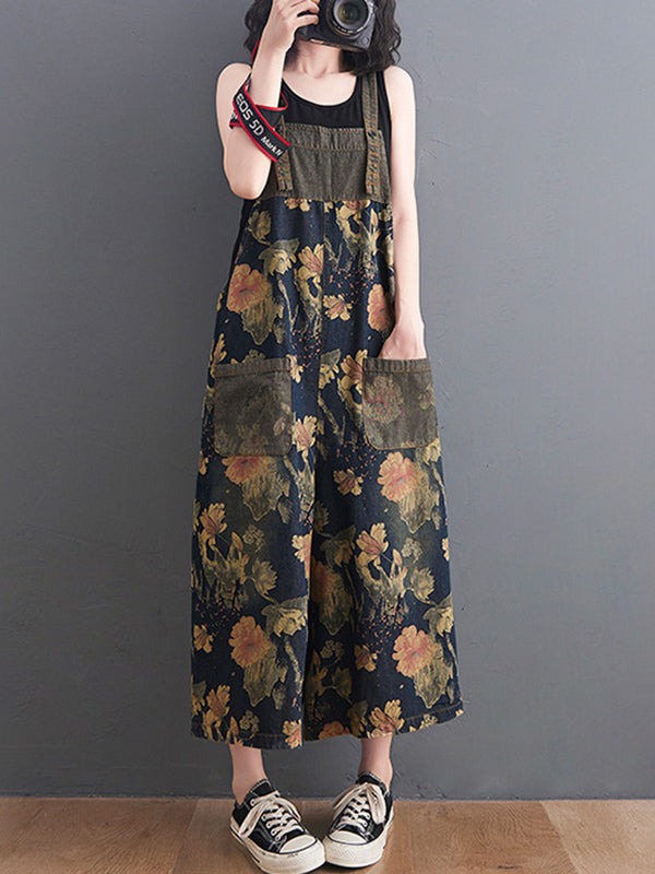 xakxx Oversize Wide Leg Floral Printed Split-Joint Overalls
