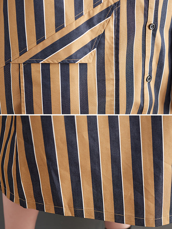 xakxx Original Loose Long Sleeves Buttoned Striped Lapel Collar Midi Shirt Dresses