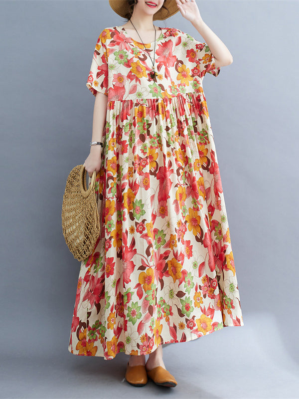 xakxx Loose Short Sleeves Pleated Printed Split-Joint Round-Neck Midi Dresses