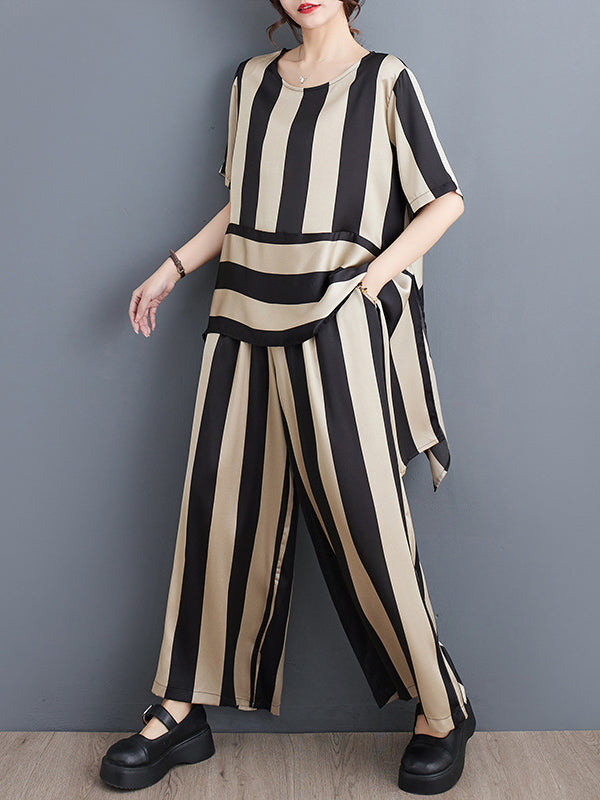 xakxx Irregular Clipping Loose Striped Round-Neck T-Shirt + Wide Leg Pants Two Pieces Set