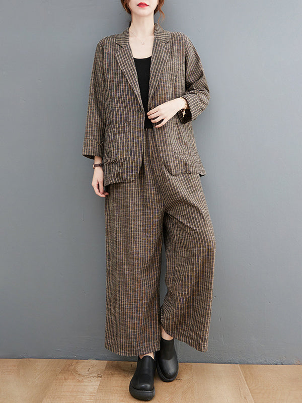 xakxx Vintage Ramie Cotton Notched Collar One Button Suits+Column Pants 2 Pieces Set