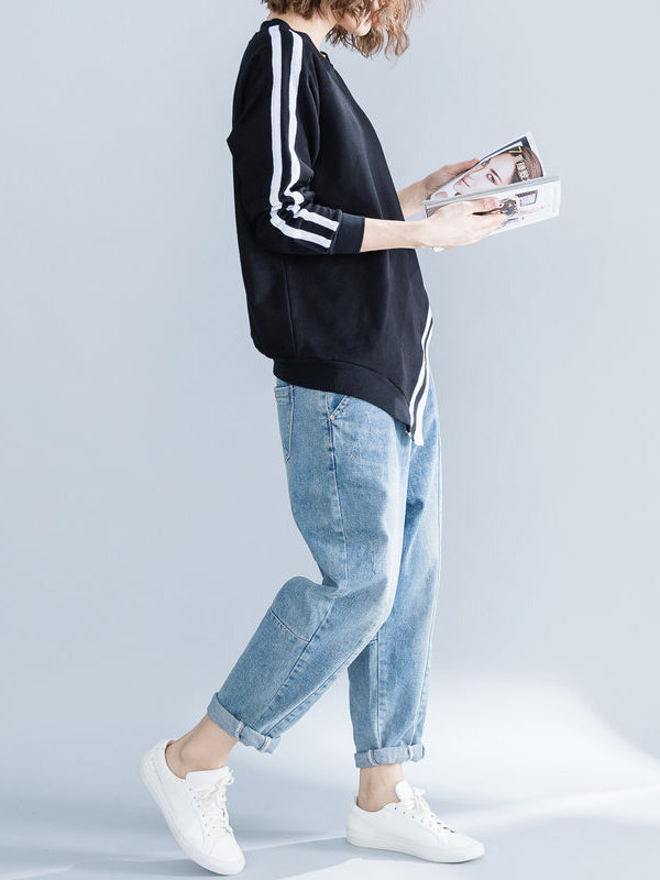 xakxx Cropped Long Sleeves Striped Round-Neck Hoodies&Sweatshirt