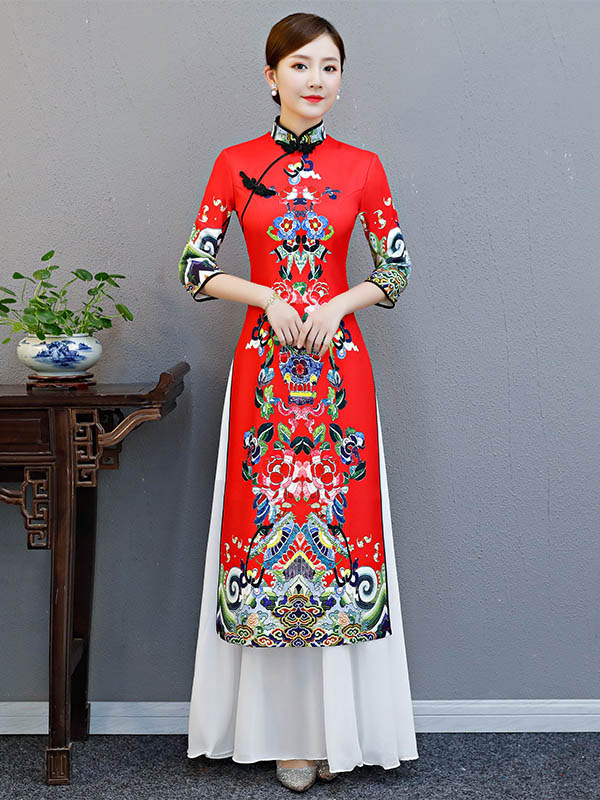 xakxx Red Split-Joint Seven-Quarter Sleeves Ao Dai Long Cheongsams
