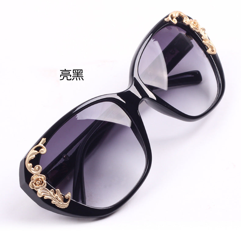 xakxx Women's Vintage Gold-tone Roses Carving Oversize Black Frame Sunglasses
