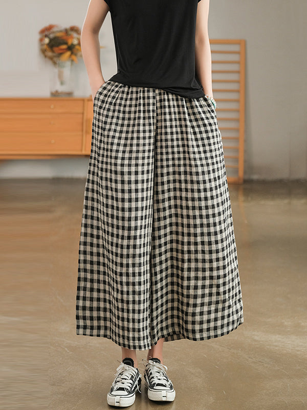 xakxx Artistic Retro Linen Loose Wide Legs Plaid Drawstring Pants