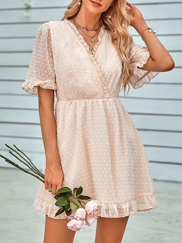 xakxx A-Line Loose Jacquard Ruffled Solid Color V-Neck Mini Dresses