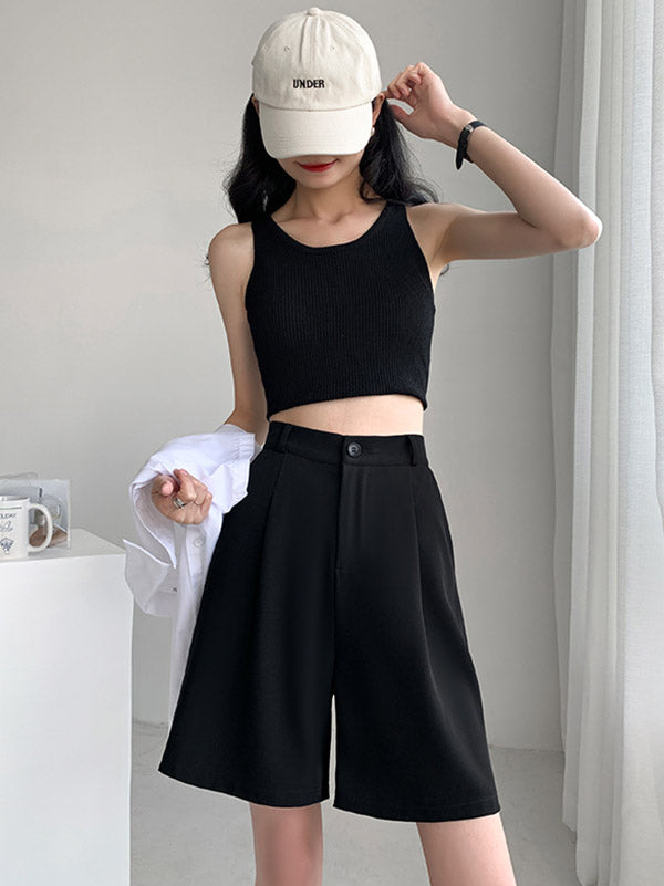 xakxx Stylish Solid Color High Waisted A-Line Wide Leg Trousers