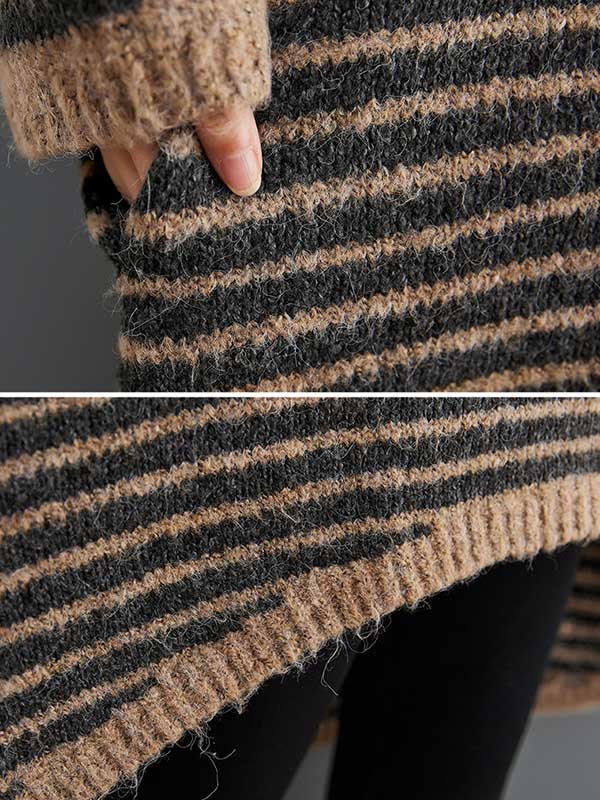 xakxx xakxx-Loose Striped High-Low Heaps Collar Long Sleeves Knitwear