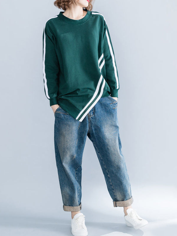 xakxx Cropped Long Sleeves Striped Round-Neck Hoodies&Sweatshirt