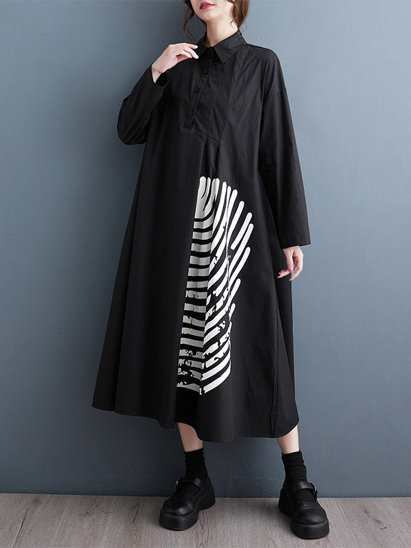 xakxx A-Line Long Sleeves Asymmetric Buttoned Pleated Printed Split-Joint Lapel Midi Dresses Shirt Dress