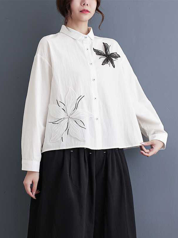 xakxx Long Sleeves Loose Applique Buttoned Embroidered Lapel Blouses&Shirts Tops