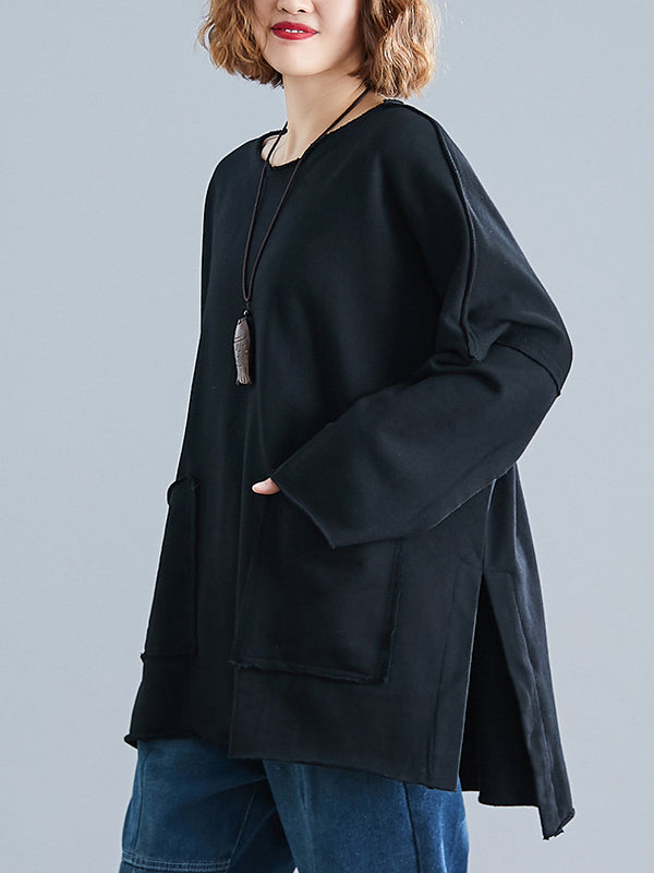 xakxx High-Low Long Sleeves Pockets Solid Color Split-Joint Split-Side Round-Neck Sweatshirt Tops