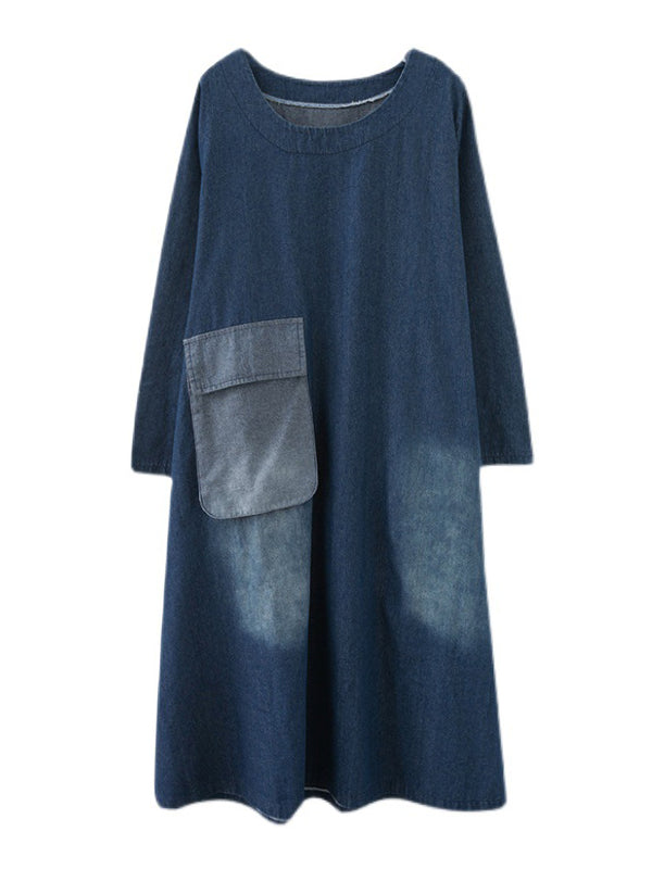 xakxx Artistic Retro Loose Denim Applique Round-Neck Long Sleeves Midi Dress
