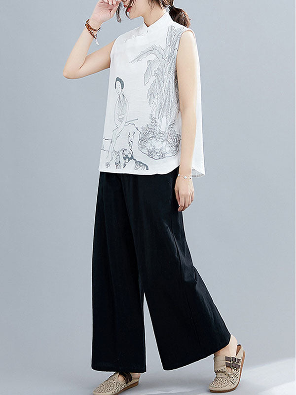 xakxx Artistic Retro Chinese-Style Printed Buttoned Stand Collar Sleeveless Vest